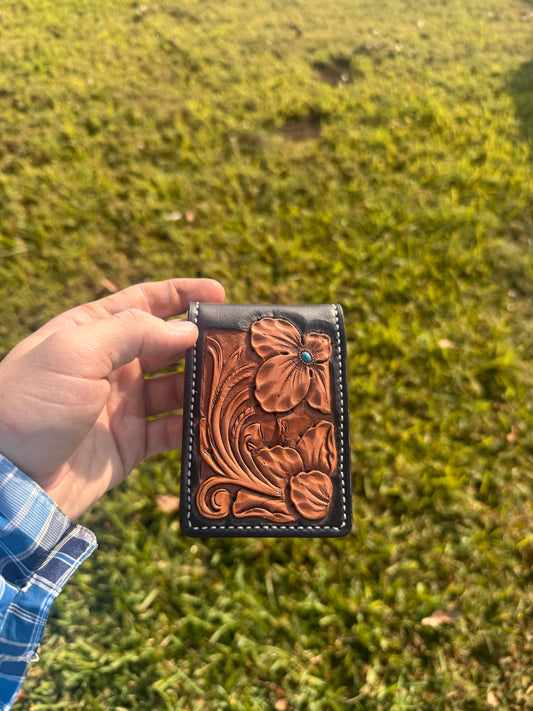 Floral/tooled basketweave money clip wallet